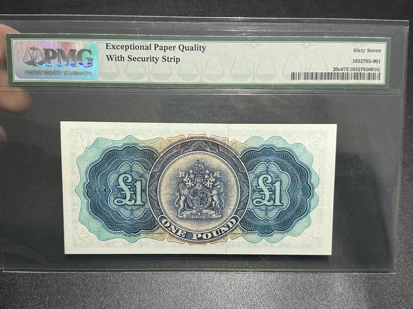 《外钞收藏家》第五百九十期（欧洲强钞、港币、硬通货及丰富裸币大拍场）（本平台长期征集拍品、欢迎藏友们联系合作） 1957年百慕大1镑 PMG67 稀少安全线版