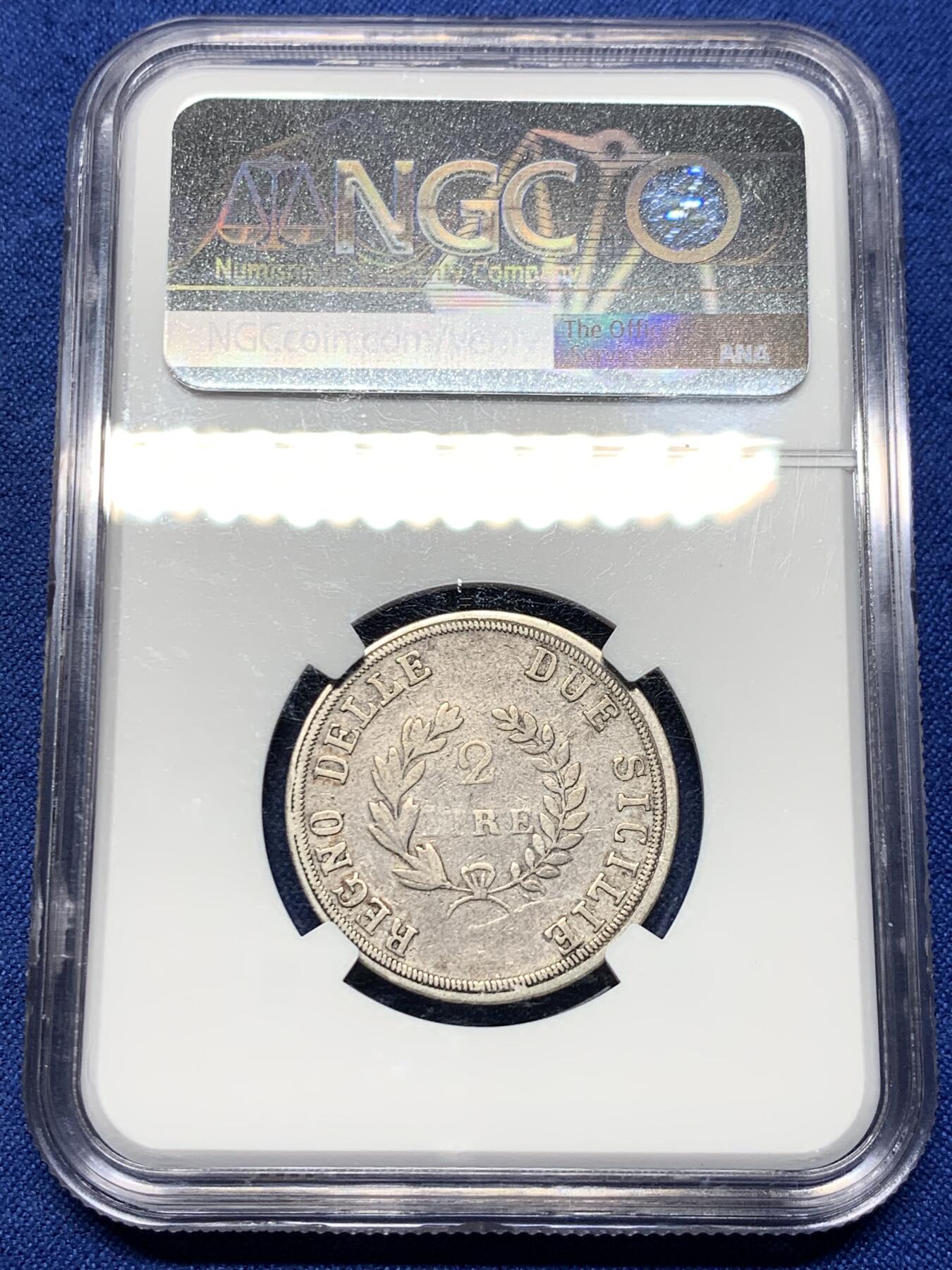 《竞宝斋》第443场 周日，周一，2场连拍 （全场包邮） NGC VF20 那不勒斯和西西里王国 1813年 2里拉银币 拿破仑麾下名将缪拉统治时期铸币 缪拉仅在位7年（1808-1815） 该系列珍贵品种 细节完整 包浆不错 克书参考价高 细节保存不错