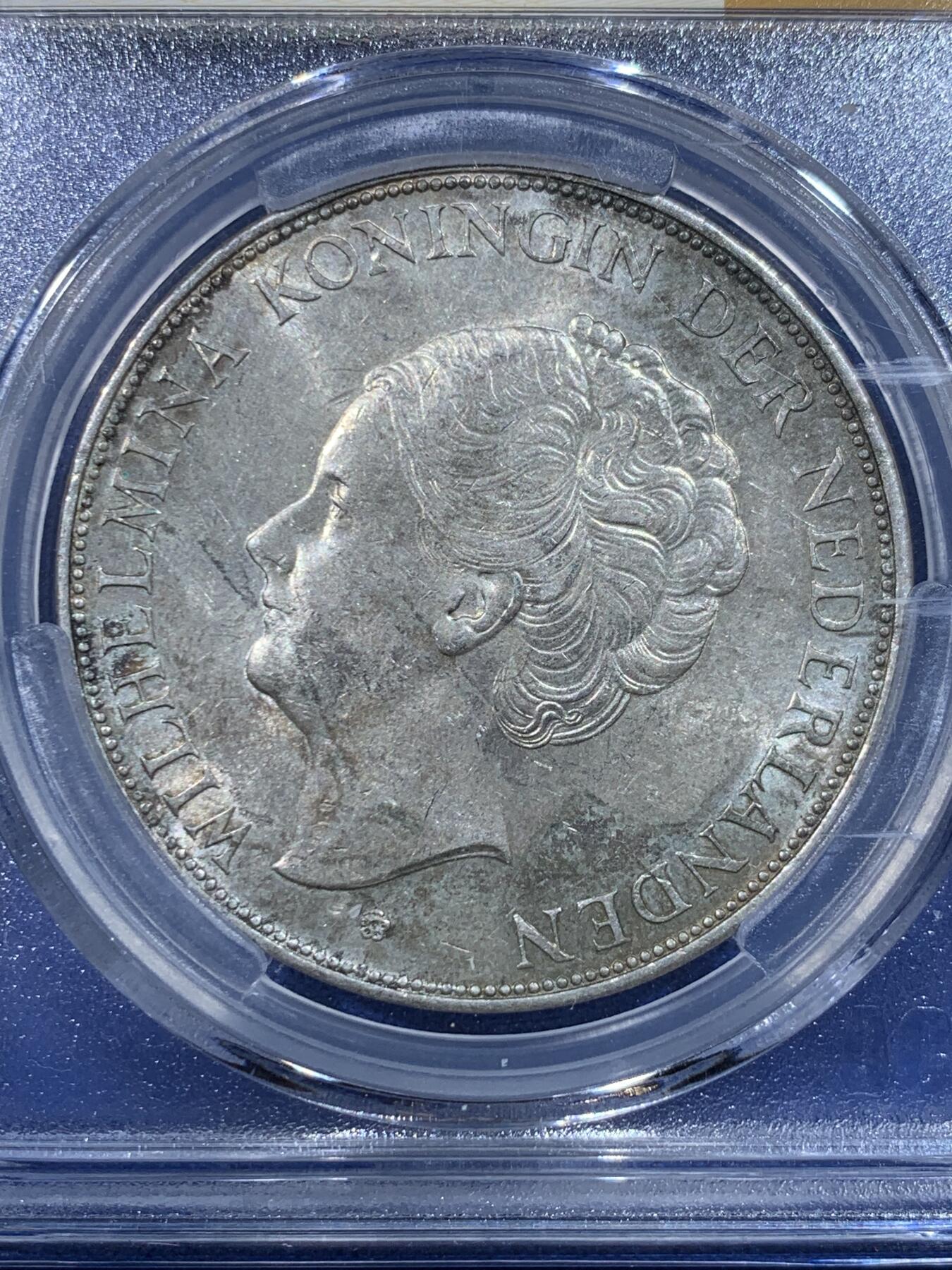 《竞宝斋》第443场 周日，周一，2场连拍 （全场包邮） 爱藏 MS62 荷兰1939年女王威廉明娜2.5盾银币 25g 720银