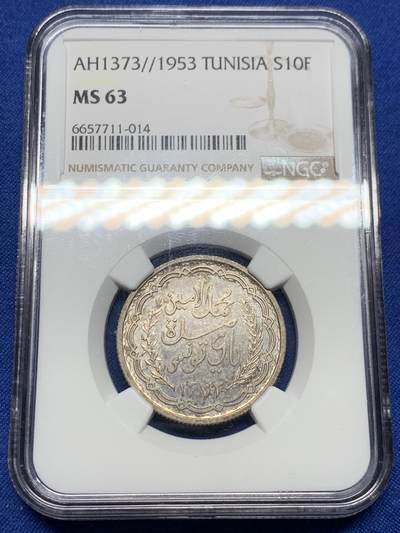 《竞宝斋》第443场 周日，周一，2场连拍 （全场包邮） - NGC MS63 突尼斯 AH1373//1953年 10法郎银币 发行量仅1703枚 少见