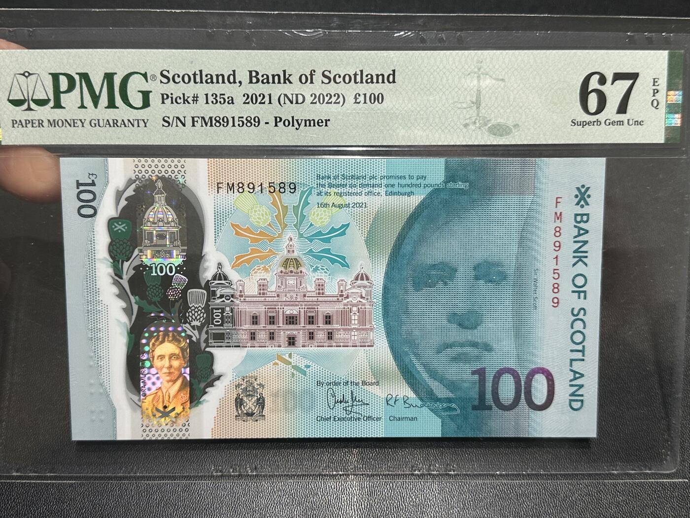 《外钞收藏家》第五百九十期（欧洲强钞、港币、硬通货及丰富裸币大拍场）（本平台长期征集拍品、欢迎藏友们联系合作） 2021年苏格兰100镑 PMG67 无47靓号