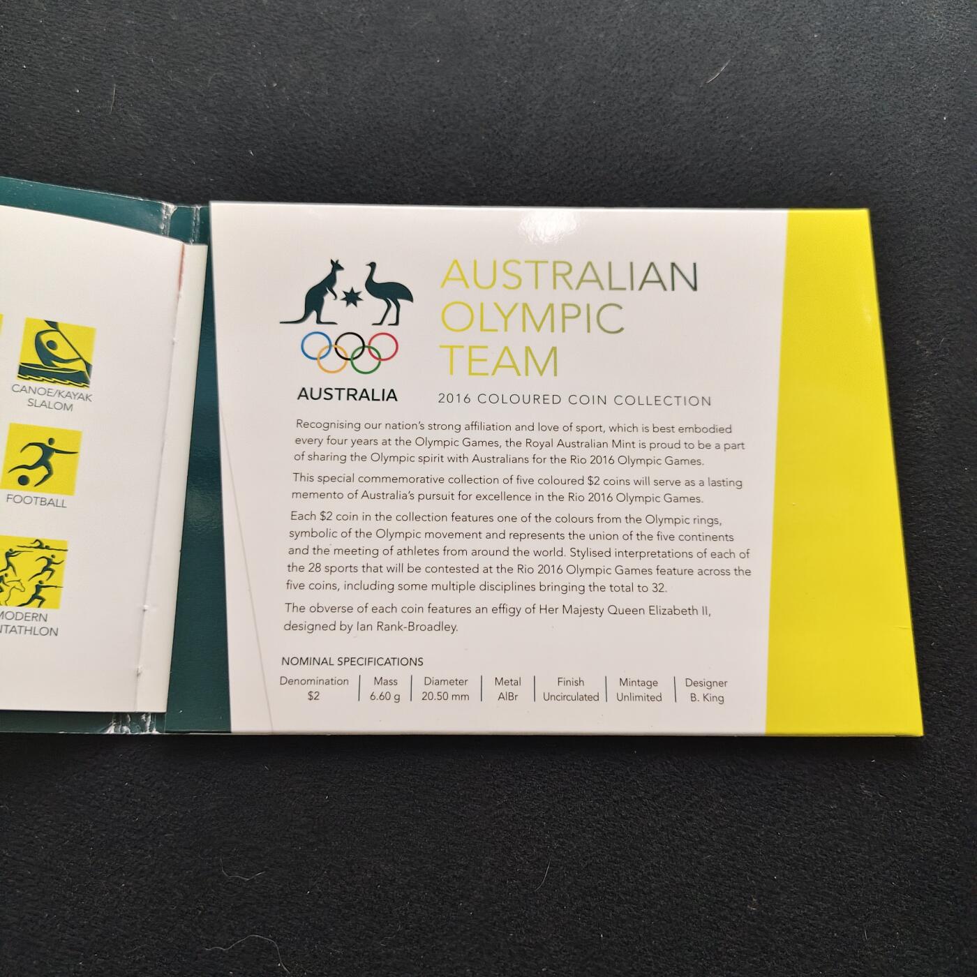 【全场包邮】纯粹捡漏拍483场（免费代拍第20场） 澳大利亚2016年澳大利亚奥运代表队官方封装纪念套币-含5枚5色2元奥运代表队彩色纪念币