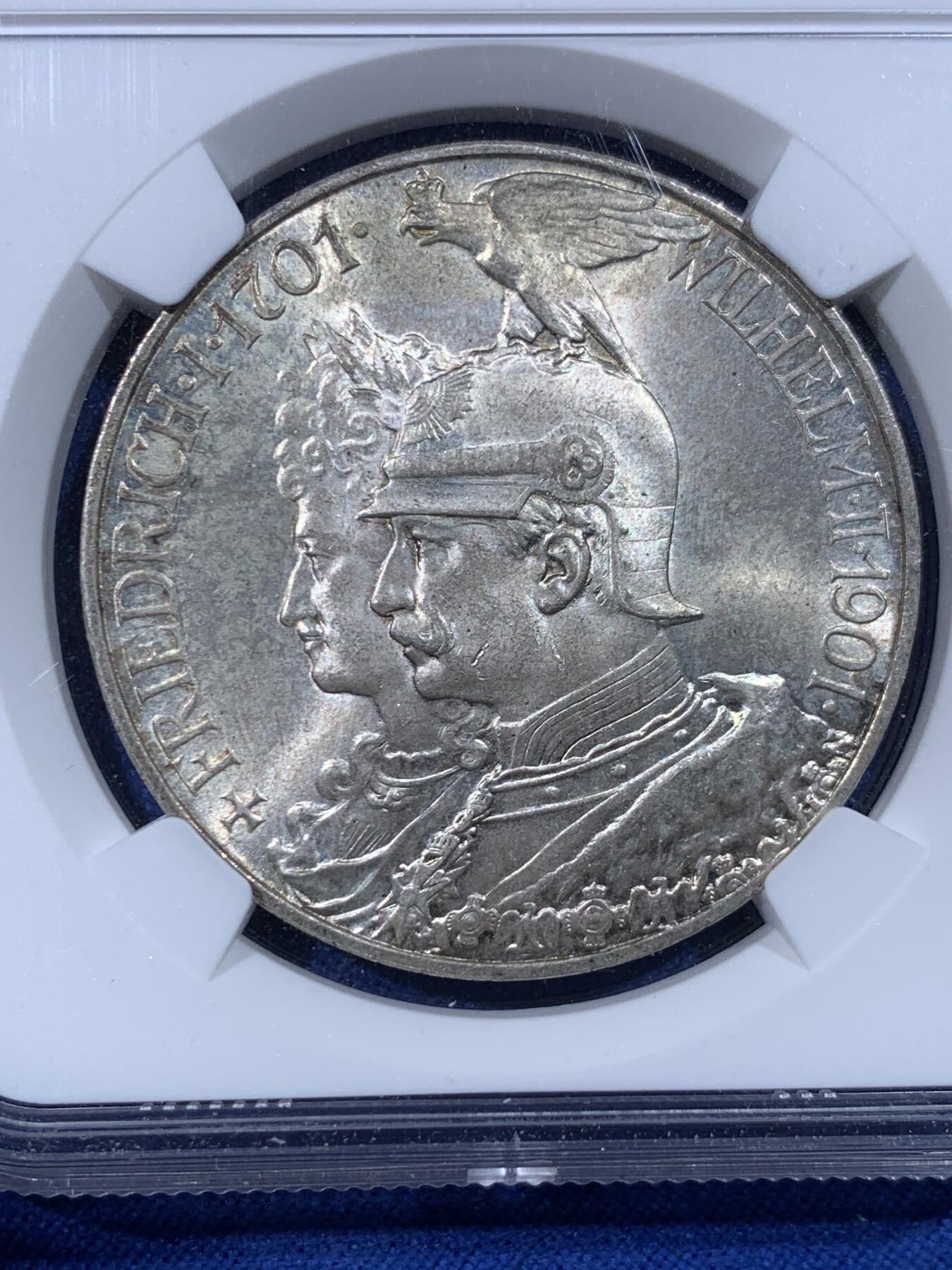 《竞宝斋》第443场 周日，周一，2场连拍 （全场包邮） NGC MS65 德国1901年普鲁士建国200周年5马克大银币 黄油包浆 德系高分大银币一路狂飙 珍惜国内现货机会