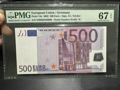 《外钞收藏家》第五百九十期（欧洲强钞、港币、硬通货及丰富裸币大拍场）（本平台长期征集拍品、欢迎藏友们联系合作） - 2002年二签500欧元 PMG67 德国版 豹子号999