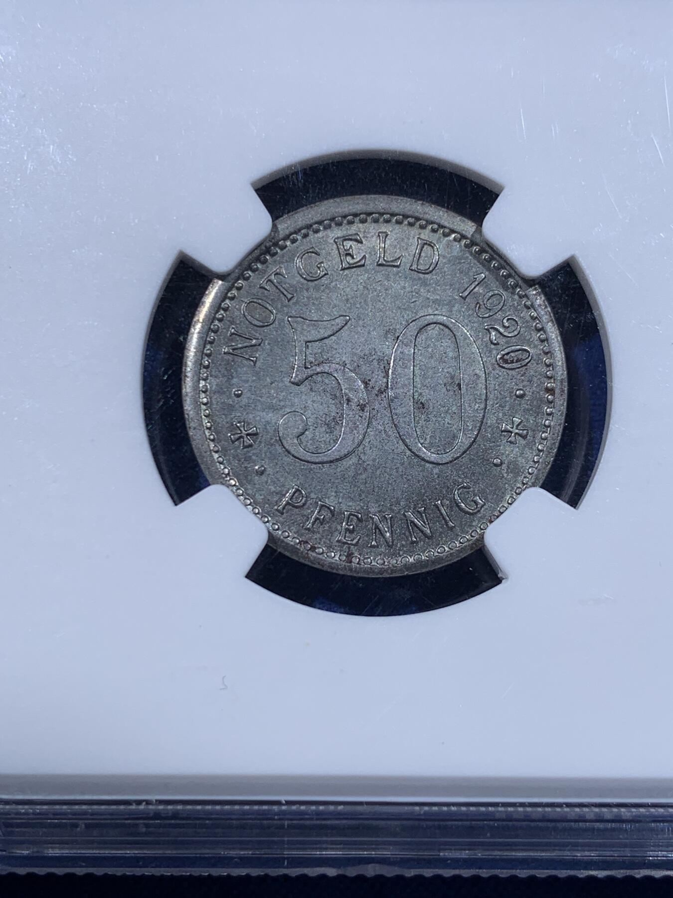 《竞宝斋》第443场 周日，周一，2场连拍 （全场包邮） NGC MS62 德国1923年德紧门登地区铁质洞熊币，面值50芬尼，此铁质版比铝质版少