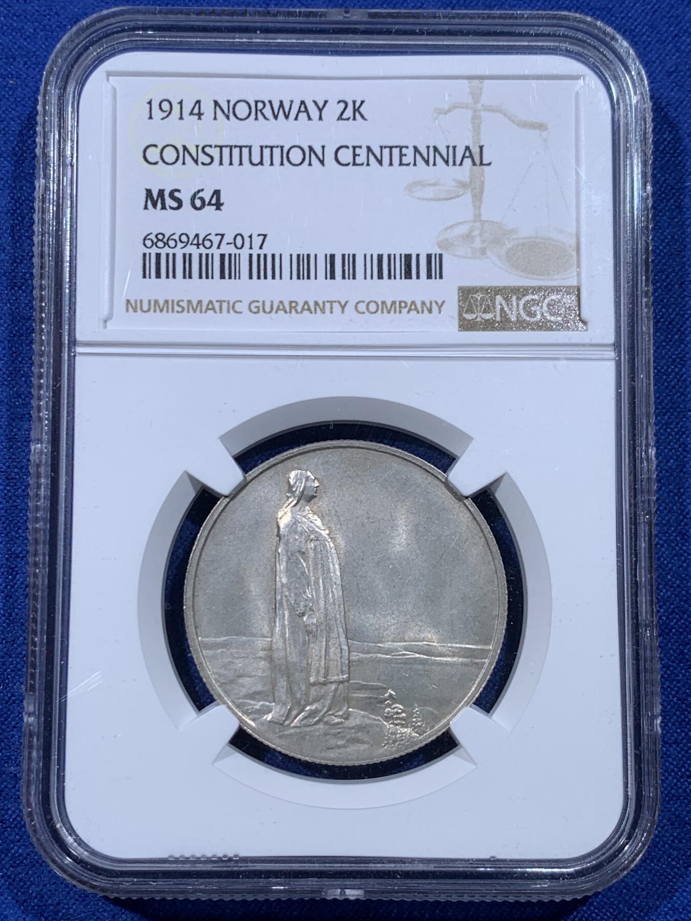 《竞宝斋》第443场 周日，周一，2场连拍 （全场包邮） NGC MS64 挪威1914年宪法百年纪念2克朗银币 银霜转光