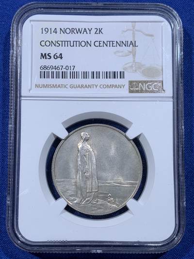 《竞宝斋》第443场 周日，周一，2场连拍 （全场包邮） - NGC MS64 挪威1914年宪法百年纪念2克朗银币 银霜转光