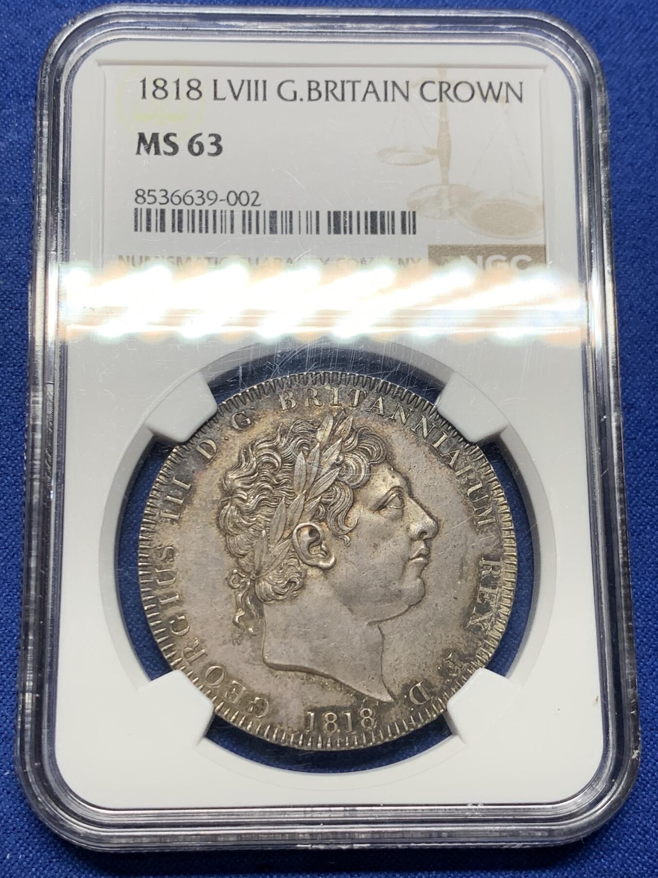 《竞宝斋》第443场 周日，周一，2场连拍 （全场包邮） NGC MS63 英国1818年乔治三世马剑克朗，马剑首年，乔三克朗三个年份中发行量最少的，包浆醇厚，近期价格不断攀升。