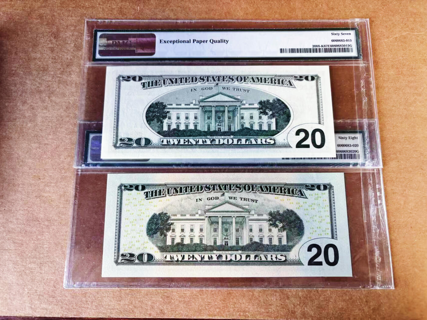 【Blue Auction】世界纸币精拍第757期——18级TOP拍卖/信誉/品质/专业/高效💫 【一组2张6801倒置千位小号同号】美国 2001-04年20-50美金 PMG68EPQ-67EPQ高分