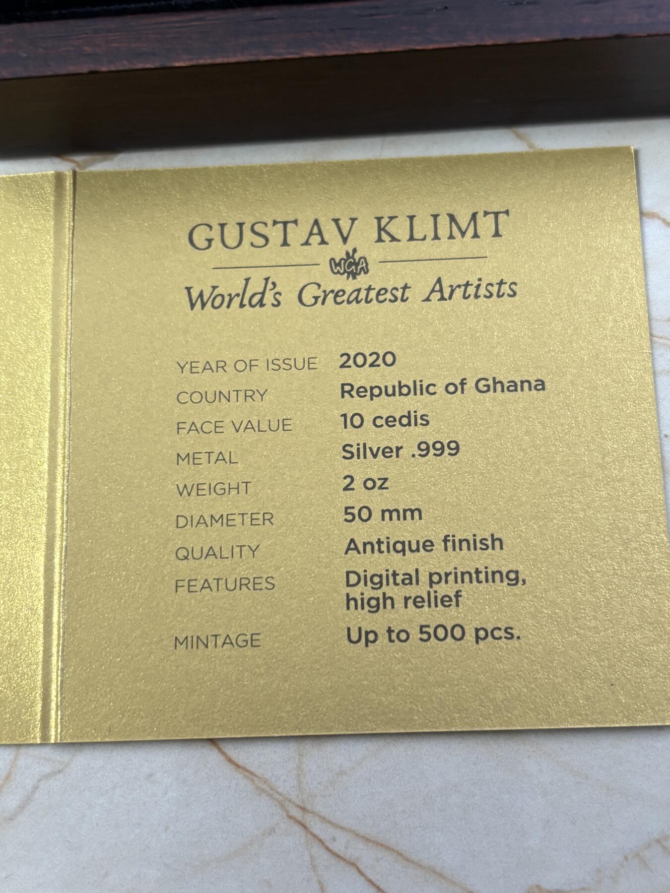 第184期拍卖 加纳2020年伟大的艺术家系列克里姆特2盎司彩银币，999银，发行500枚