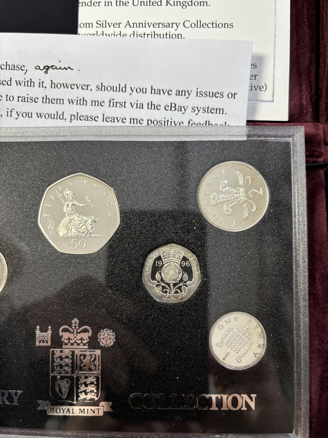 第183期拍卖 英国1996年【十进制】7枚全银精制纪念套币，925银，3.56/7.12/3.25/6.5/5.0/13.5/9.5克，发行15000套