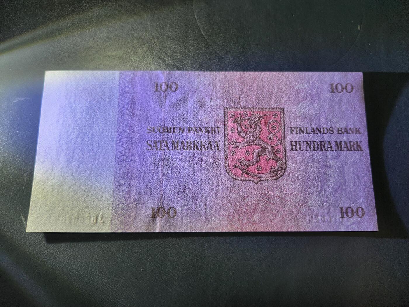 12月3号晚上8点 外国纸币自动截拍第67场 芬兰1976年100马克 纸币 几乎全新