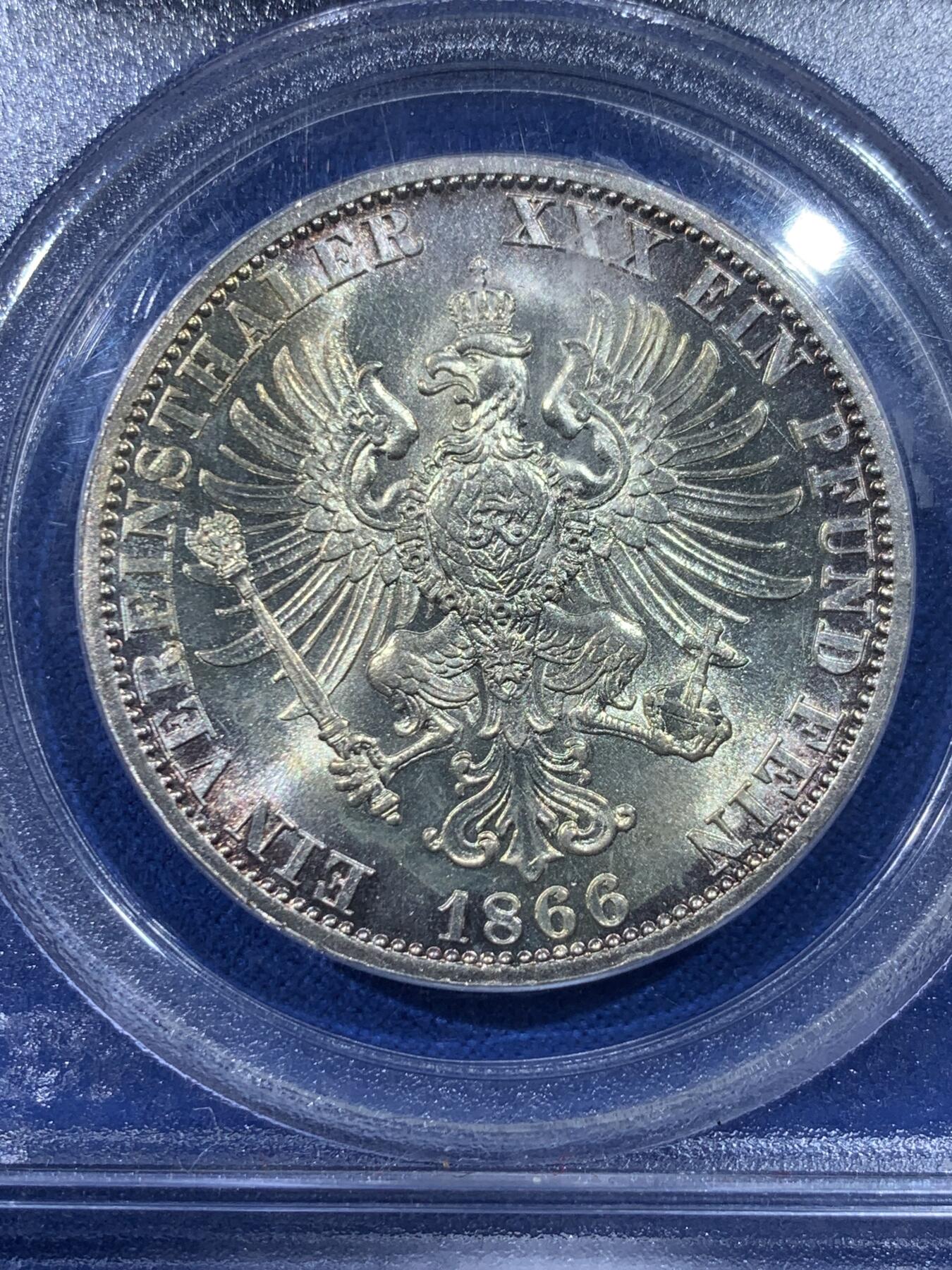 《竞宝斋》第443场 周日，周一，2场连拍 （全场包邮） PCGS MS64 德国 1866年 普鲁士战胜奥地利 胜利泰勒 独年发行 犀利细节 车轮转光 老盒来说 非常难得了