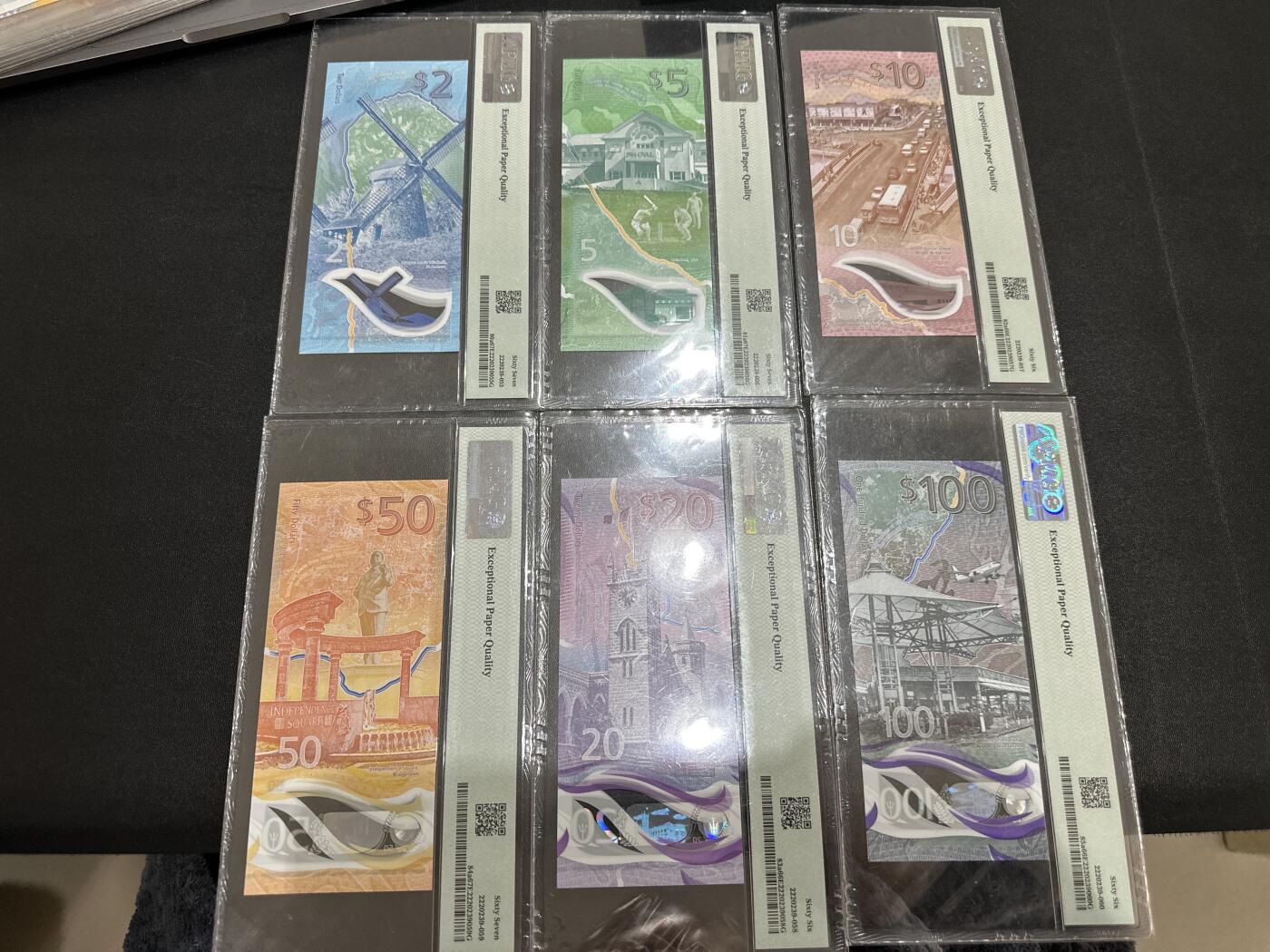 《外钞收藏家》第五百九十期（欧洲强钞、港币、硬通货及丰富裸币大拍场）（本平台长期征集拍品、欢迎藏友们联系合作） 2022年巴巴多斯2-100刀 六张一起 PMG66-67 都是靓号尾6