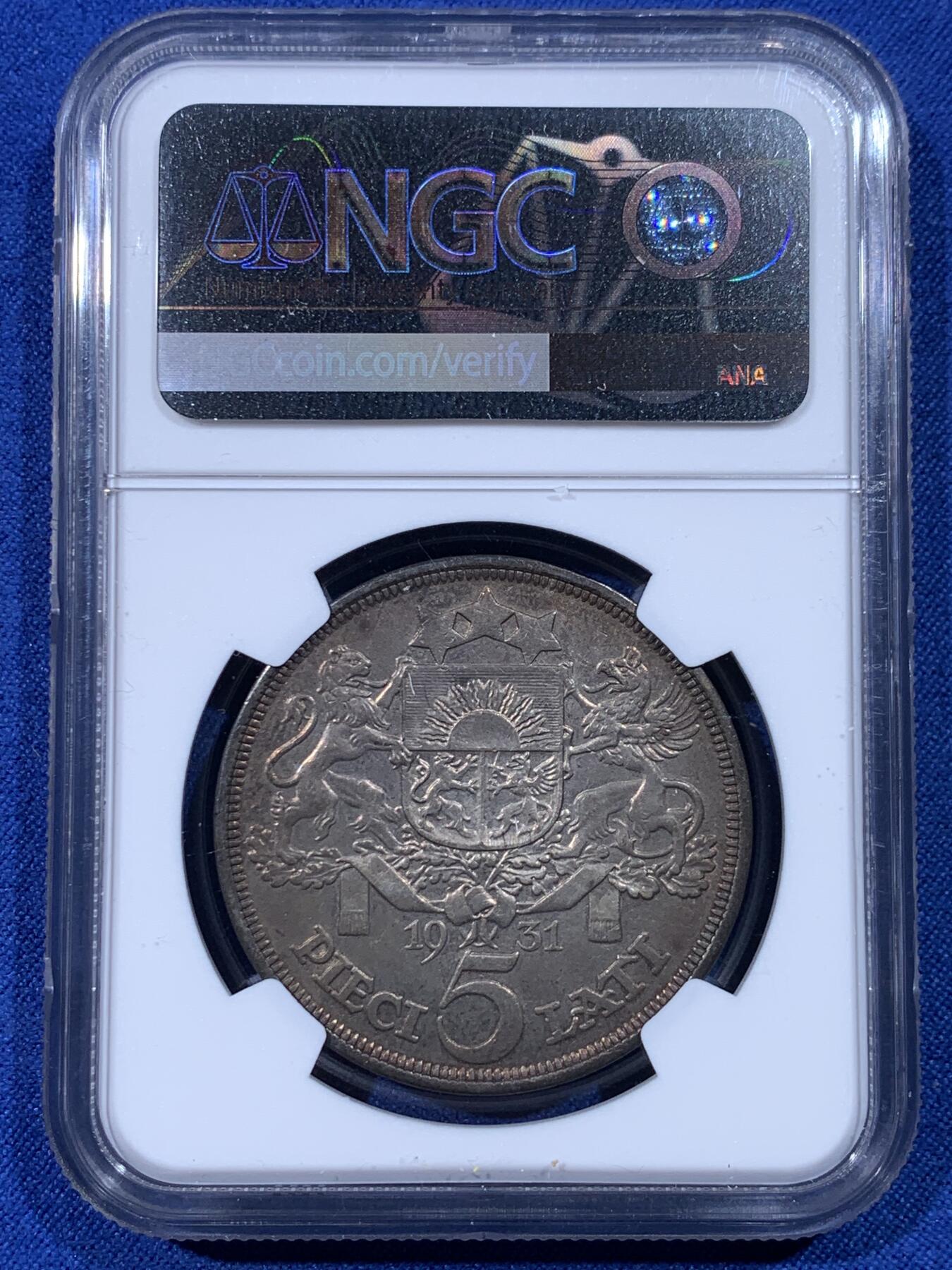 《竞宝斋》第443场 周日，周一，2场连拍 （全场包邮） NGC AUD 拉脱维亚1931年谷物女神5拉特大银币 环彩包浆 经典品种