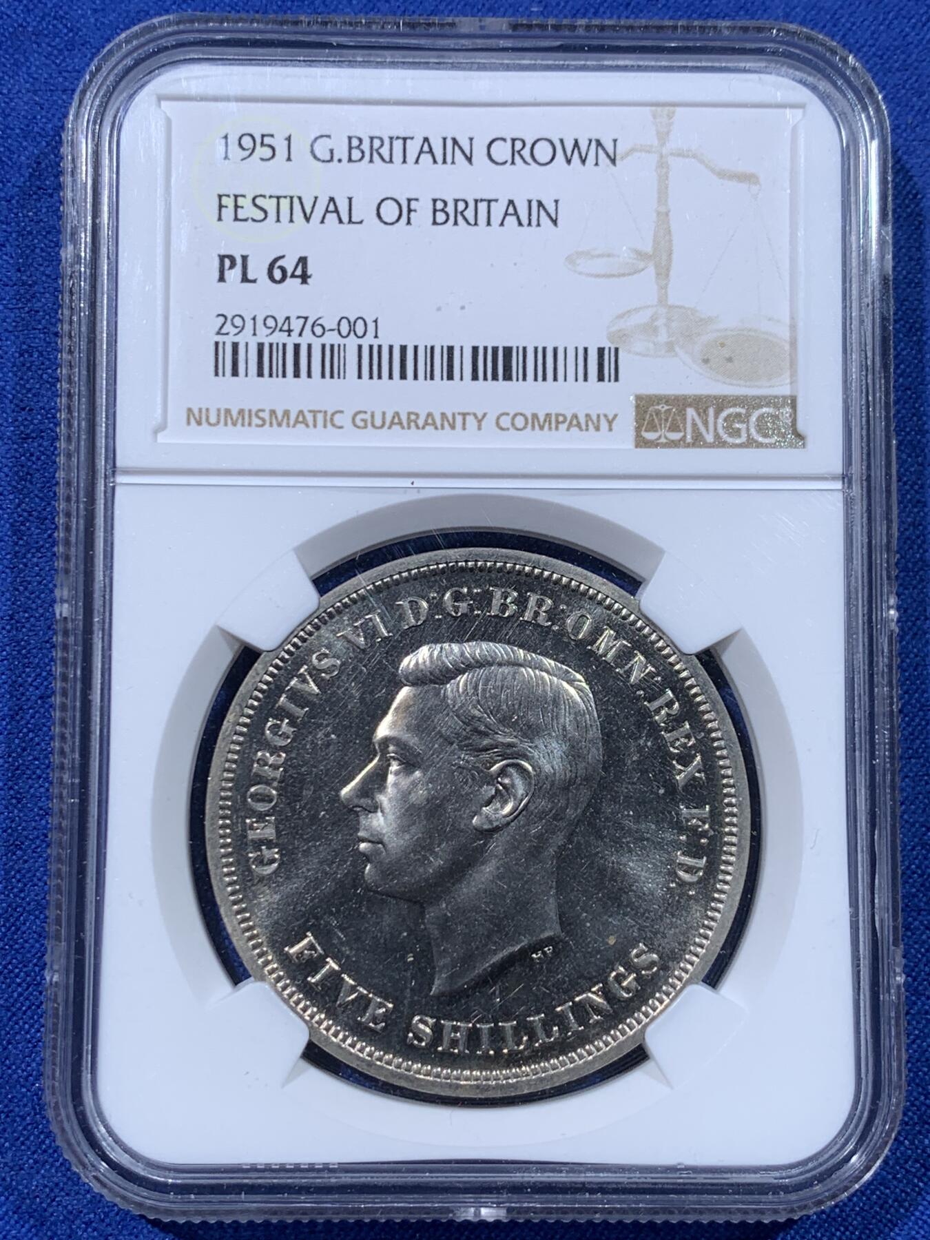 《竞宝斋》第443场 周日，周一，2场连拍 （全场包邮） NGC PL64 英国1951年乔六马剑克朗 最后的镍马剑