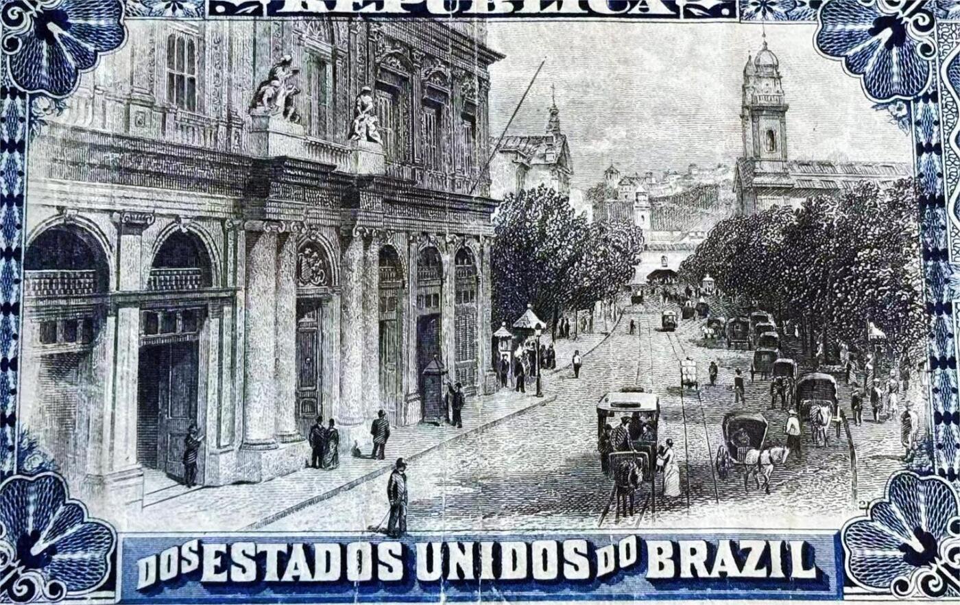 【Blue Auction】世界纸币精拍第757期——18级TOP拍卖/信誉/品质/专业/高效💫 【p10b 早期手签实钞罕见】巴西 1890年2Mil Reis 执剑女神 彼时街景 ABNC雕刻非常细腻精美 品相如图 