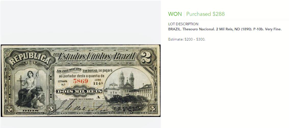 【Blue Auction】世界纸币精拍第757期——18级TOP拍卖/信誉/品质/专业/高效💫 【p10b 早期手签实钞罕见】巴西 1890年2Mil Reis 执剑女神 彼时街景 ABNC雕刻非常细腻精美 品相如图 
