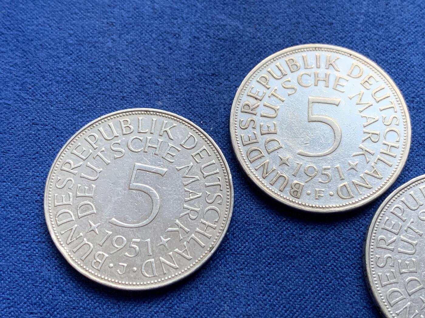 《竞宝斋》第443场 周日，周一，2场连拍 （全场包邮） 三枚一组 德国1951年5马克银币