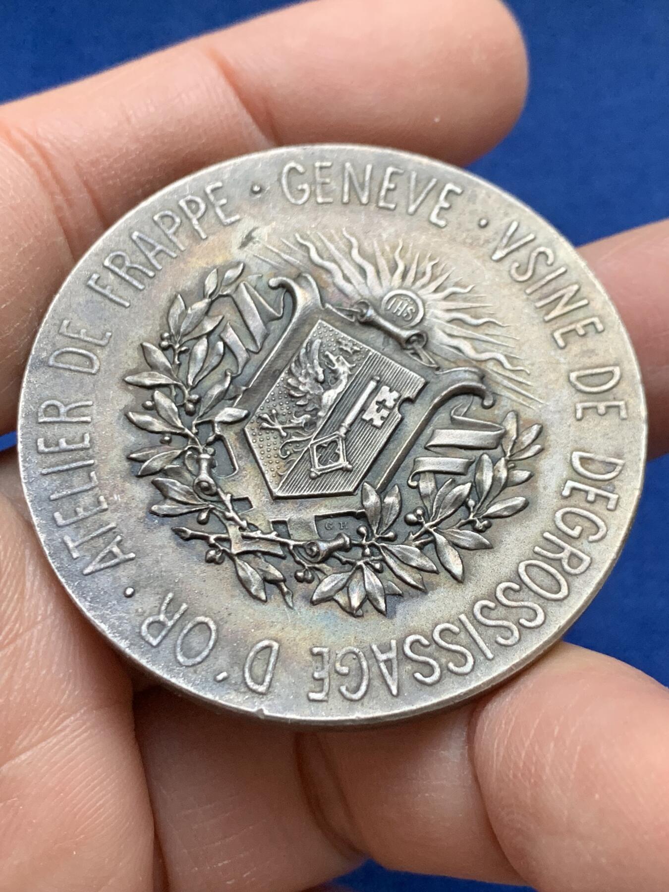 《竞宝斋》第443场 周日，周一，2场连拍 （全场包邮） 1896年瑞士日内瓦国家博览会镀银纪念章 37.4克 44.7mm