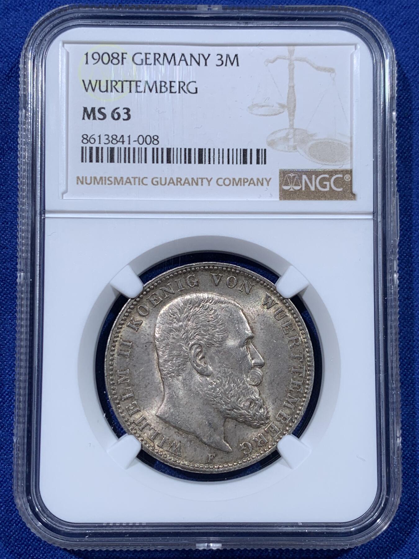《竞宝斋》第443场 周日，周一，2场连拍 （全场包邮） NGC MS63 德国符腾堡1908年威廉二世3马克银币 币面转光 包浆自然