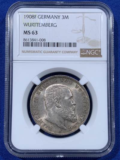 《竞宝斋》第443场 周日，周一，2场连拍 （全场包邮） - NGC MS63 德国符腾堡1908年威廉二世3马克银币 币面转光 包浆自然