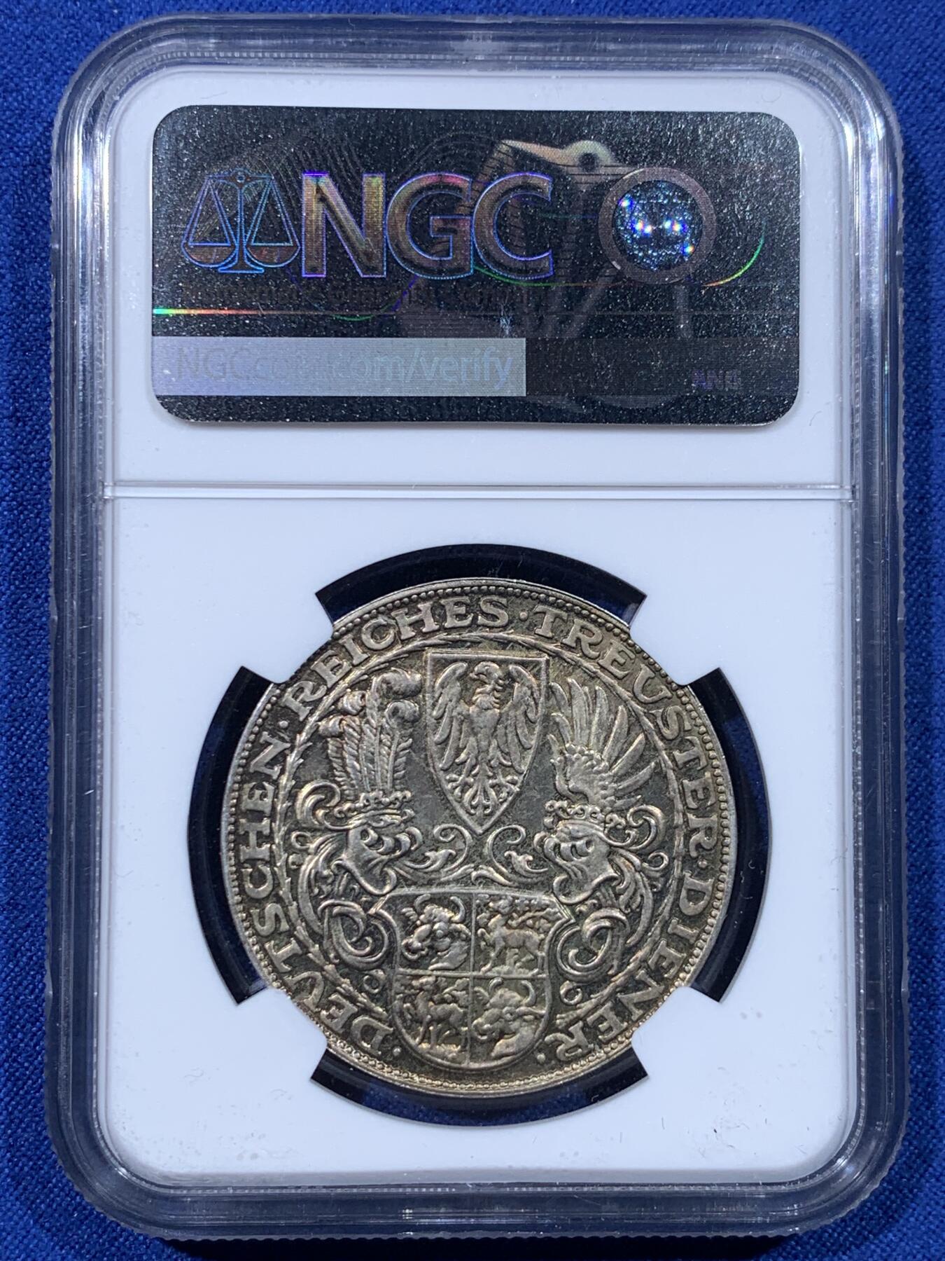 《竞宝斋》第443场 周日，周一，2场连拍 （全场包邮） NGC MS62 德国1927年兴登堡80大寿纪念银章，高分，双面包浆非常漂亮，卡尔哥茨作品。