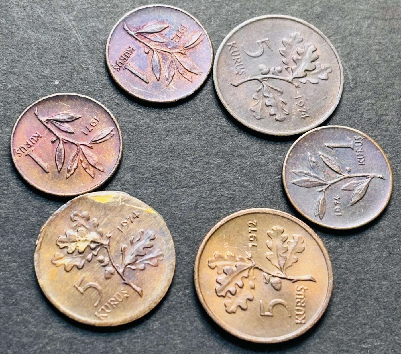 文馨钱币收藏第 284 场，【 长期接收代拍品】老藏家拍品南朝鲜李承晚时期货币，泰国大型纪念币，土耳其各时期及各国套币场 带彩土耳其 1-5 库鲁 6 枚