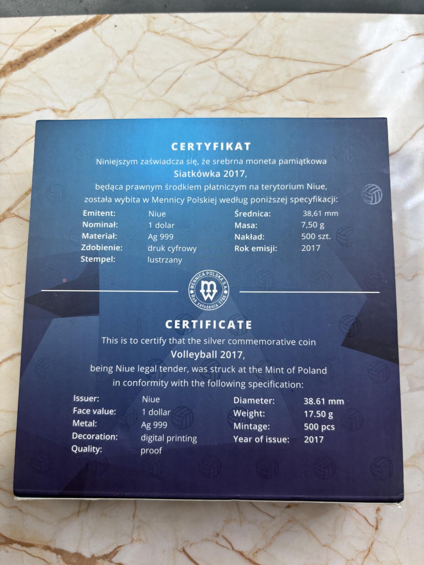 第184期拍卖  纽埃2017年体育运动项目排球彩色精制纪念银币,999银，发行500枚，17.5克