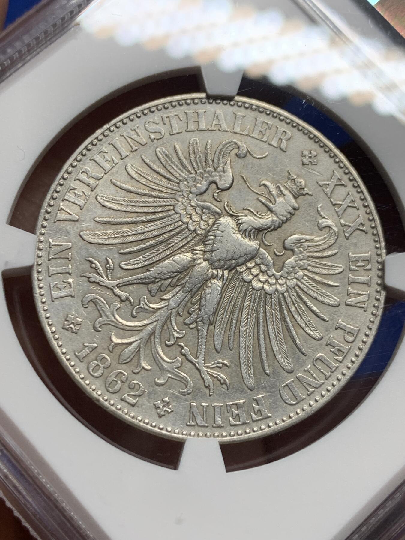 《竞宝斋》第443场 周日，周一，2场连拍 （全场包邮） NGC AUD 法兰克福 1862年1泰勒银币 经典的美女泰勒 不是常见的1860年版 1862年发行量仅为31万枚出头 细节不错