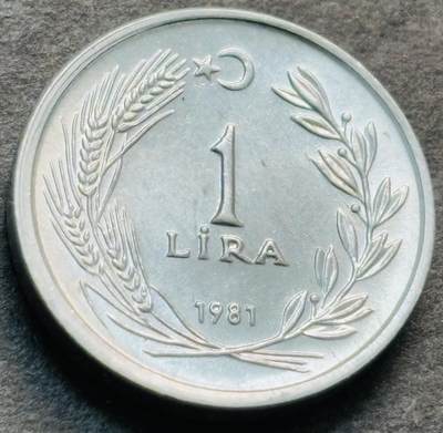 文馨钱币收藏第 284 场，【 长期接收代拍品】老藏家拍品南朝鲜李承晚时期货币，泰国大型纪念币，土耳其各时期及各国套币场 - 稀少星月形向左原光品相 1981 年土耳其 1 里拉铝币，独年份