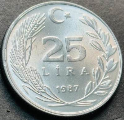 文馨钱币收藏第 284 场，【 长期接收代拍品】老藏家拍品南朝鲜李承晚时期货币，泰国大型纪念币，土耳其各时期及各国套币场 - 少见全新 1987 年土耳其 25 里拉铝币