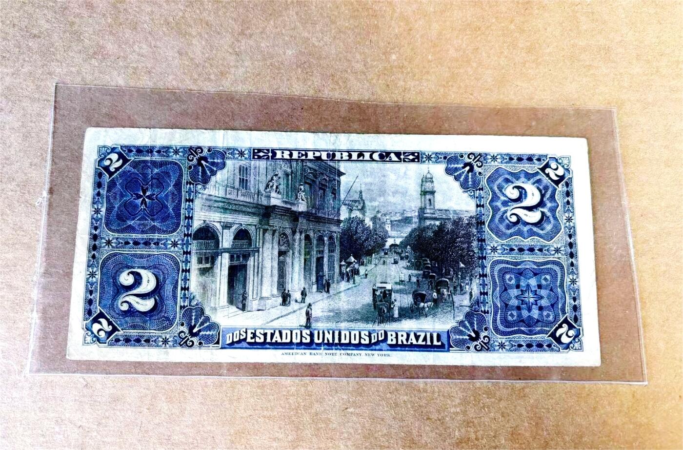 【Blue Auction】世界纸币精拍第757期——18级TOP拍卖/信誉/品质/专业/高效💫 【p10b 早期手签实钞罕见】巴西 1890年2Mil Reis 执剑女神 彼时街景 ABNC雕刻非常细腻精美 品相如图 