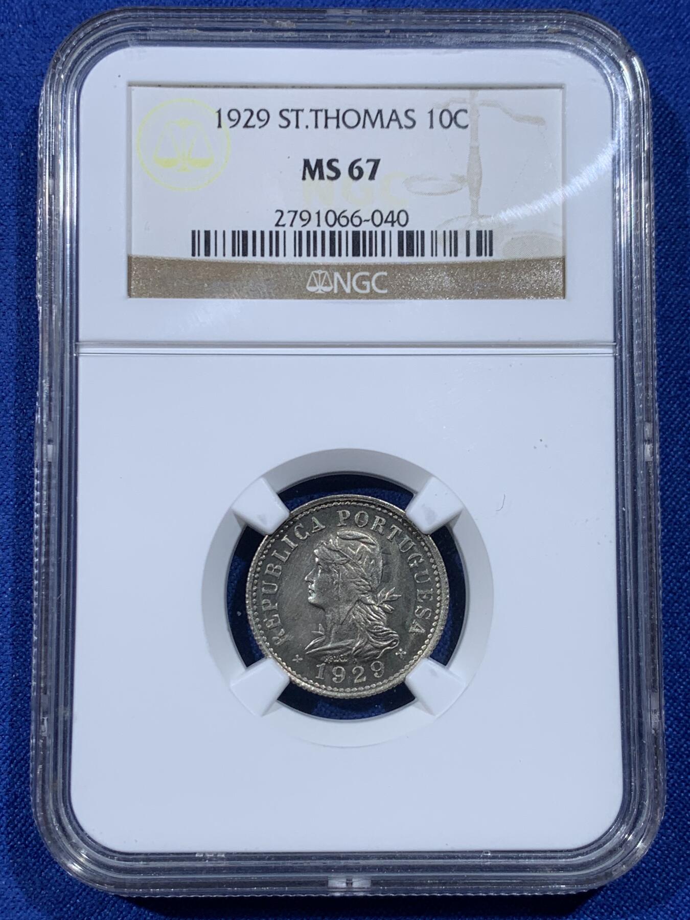 《竞宝斋》第443场 周日，周一，2场连拍 （全场包邮） 冠军分 NGC MS67 葡属圣多美和普林西比 1929年 10分 殖民地品种中的顶级高分