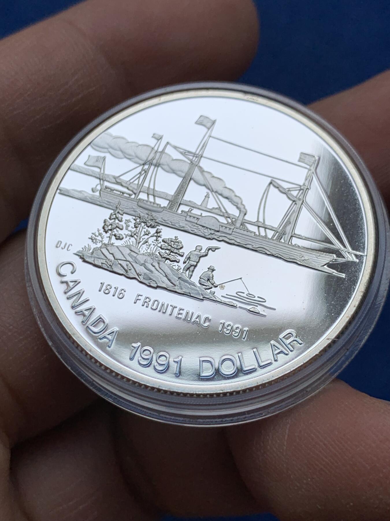 《竞宝斋》第443场 周日，周一，2场连拍 （全场包邮） 加拿大1991年五大湖第一艘汽船纪念银币