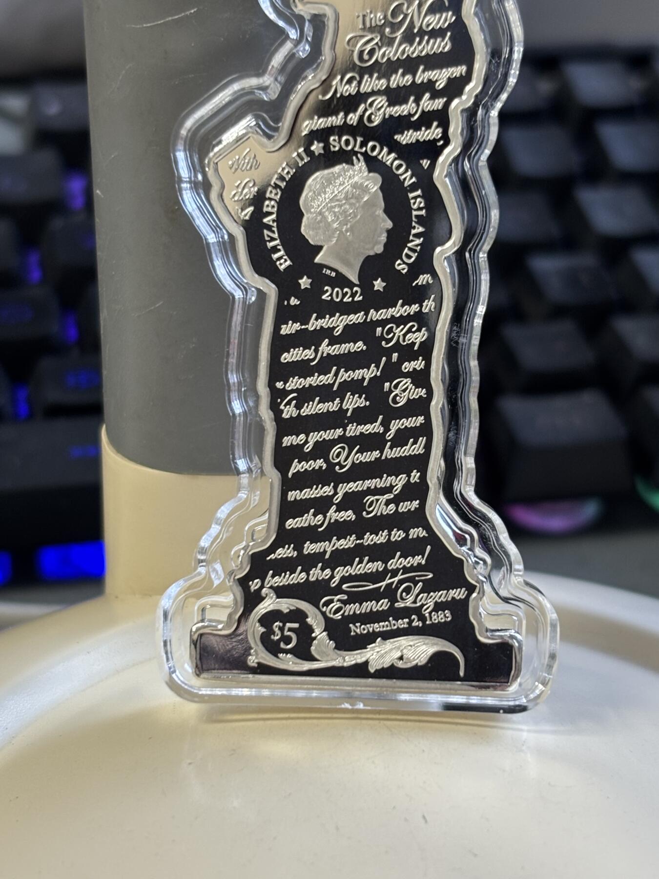 第183期拍卖 所罗门2022年美国自由女神2盎司异形彩色纪念银币，999银，发行2500枚，有氧化