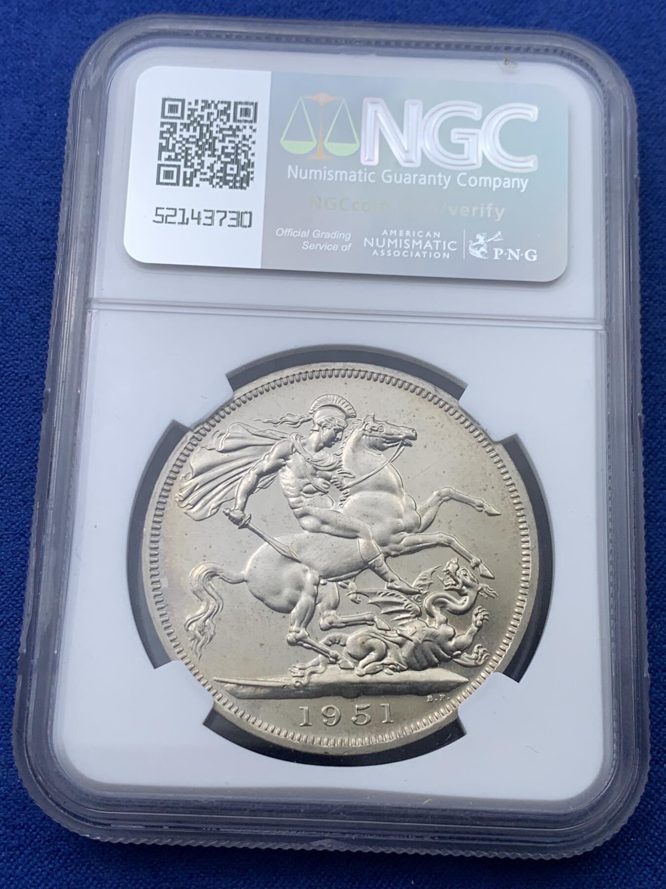 《竞宝斋》第443场 周日，周一，2场连拍 （全场包邮） NGC PL64 英国1951年乔六马剑克朗 最后的镍马剑