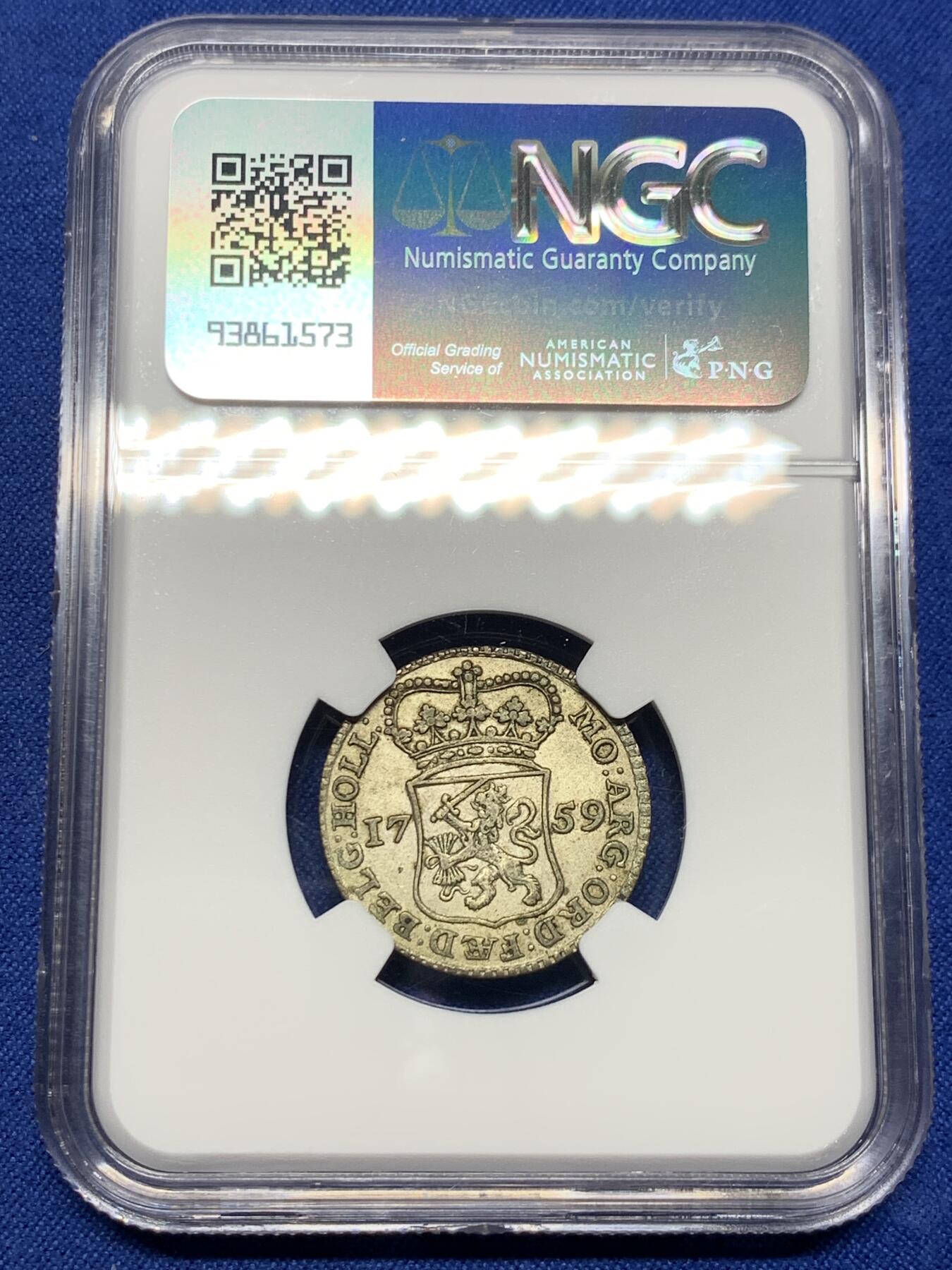 《竞宝斋》第443场 周日，周一，2场连拍 （全场包邮） NGC AU58 尼德兰（荷兰） 1759年 1/4盾银币 荷兰三剑客之一的站人银币 细节一流 包浆不错