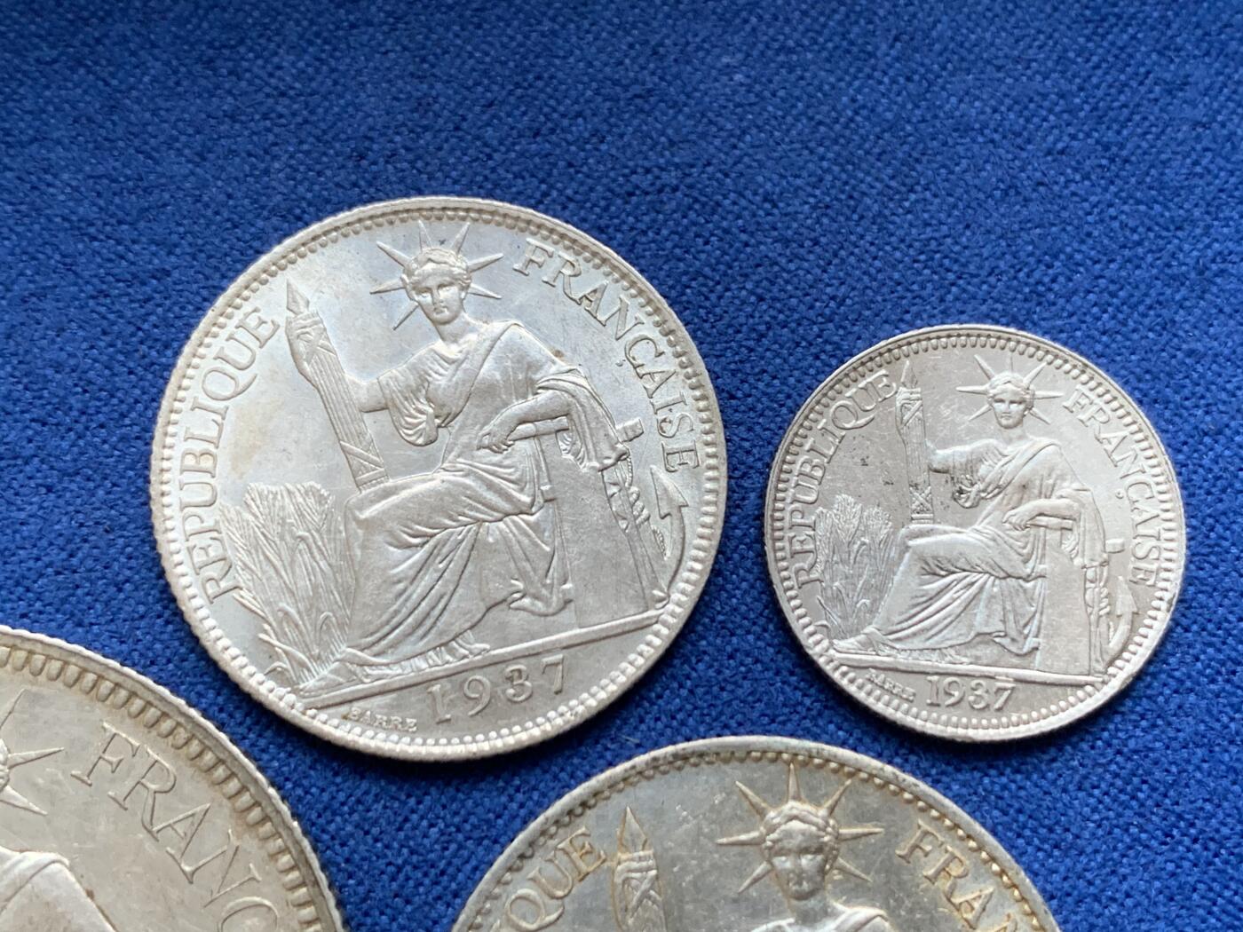 《竞宝斋》第443场 周日，周一，2场连拍 （全场包邮） 四枚一组 法属印支1928-1937年坐洋10分/20分/50分/1P银币