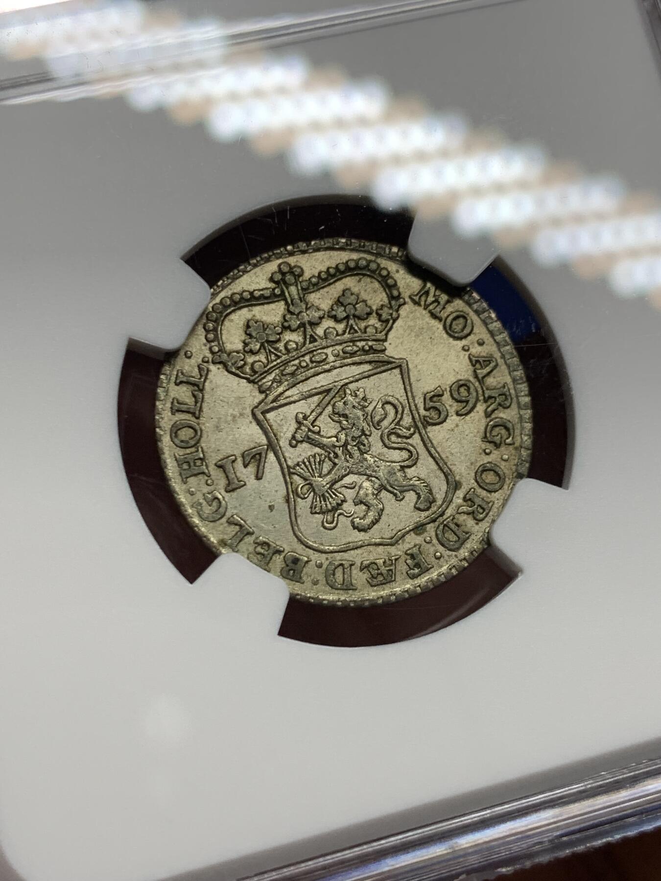 《竞宝斋》第443场 周日，周一，2场连拍 （全场包邮） NGC AU58 尼德兰（荷兰） 1759年 1/4盾银币 荷兰三剑客之一的站人银币 细节一流 包浆不错