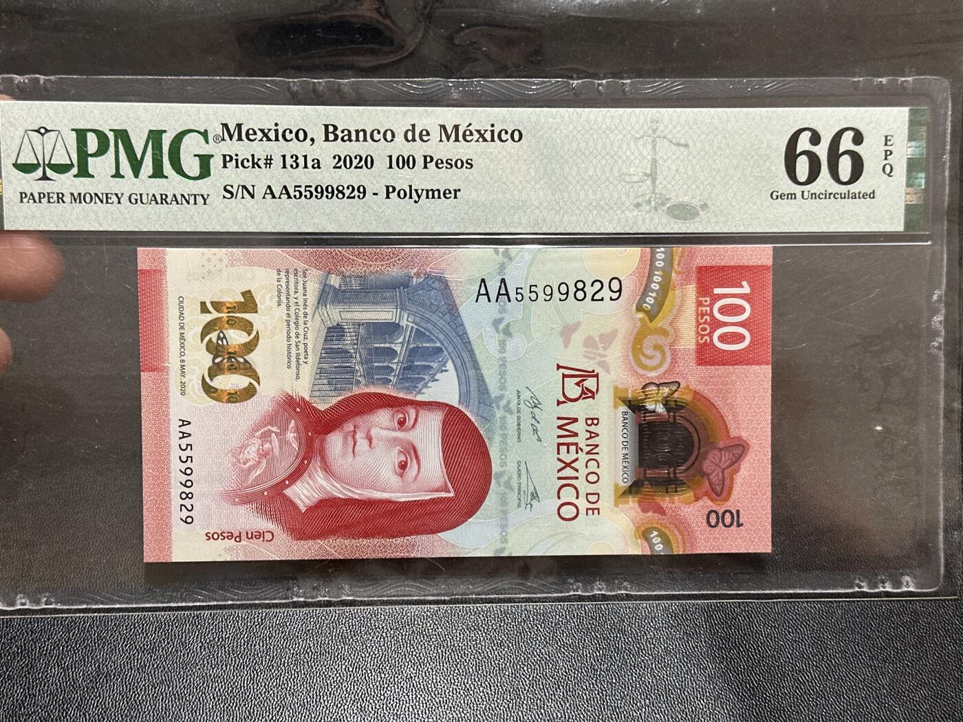 《外钞收藏家》第五百九十期（欧洲强钞、港币、硬通货及丰富裸币大拍场）（本平台长期征集拍品、欢迎藏友们联系合作） 2020年墨西哥100比索 PMG66 获奖钞 AA冠 无47靓号