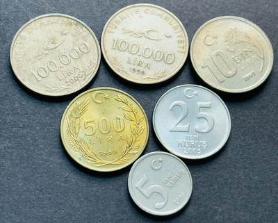 文馨钱币收藏第 284 场，【 长期接收代拍品】老藏家拍品南朝鲜李承晚时期货币，泰国大型纪念币，土耳其各时期及各国套币场 - 原光好品土耳其 5-10 万里拉 6 枚