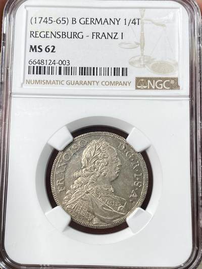 万国钱币拍卖第056期 - NGC MS62 1745-65年德国雷根斯堡景观1/4泰勒 神圣罗马帝国皇帝弗朗茨一世在位期间发行 经典景观品种 高点细节极佳