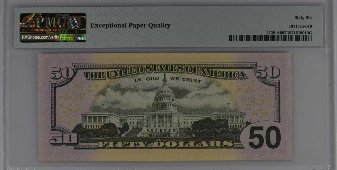 《外钞收藏家》第五百九十期（欧洲强钞、港币、硬通货及丰富裸币大拍场）（本平台长期征集拍品、欢迎藏友们联系合作） 2004年 彩色版50美元 首发年份 首发冠AA 号码无4 PMG66EPQ 亚军分数 仅有一张冠军分