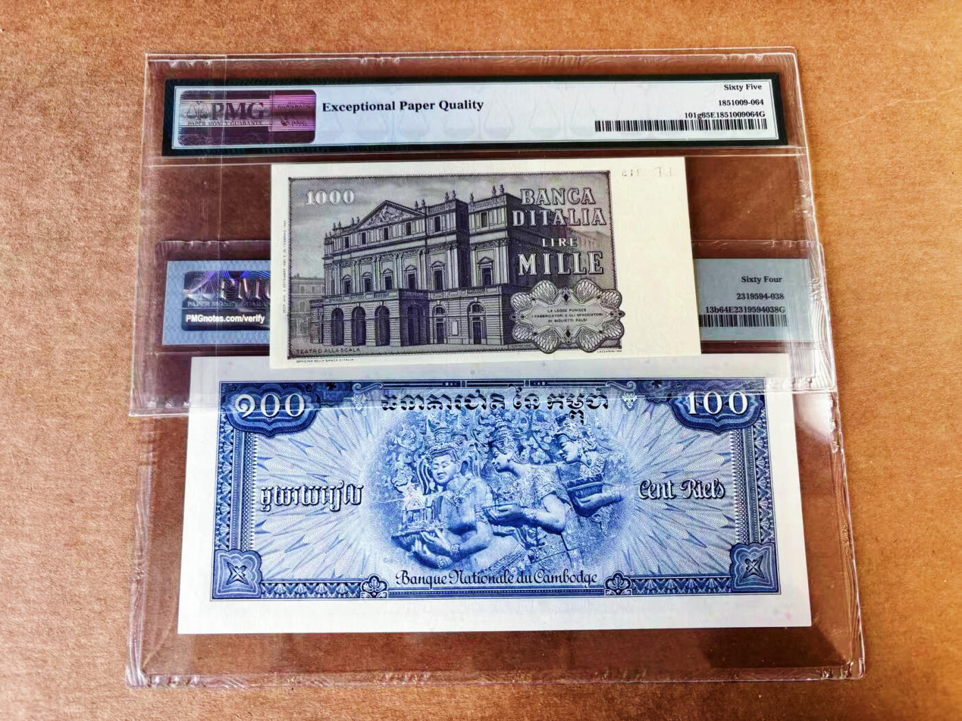 【Blue Auction】世界纸币精拍第757期——18级TOP拍卖/信誉/品质/专业/高效💫 【一组2张 含无47】意大利 1980年1000里拉&柬埔寨 1956-72年100瑞尔 PMG65EPQ-64EPQ 