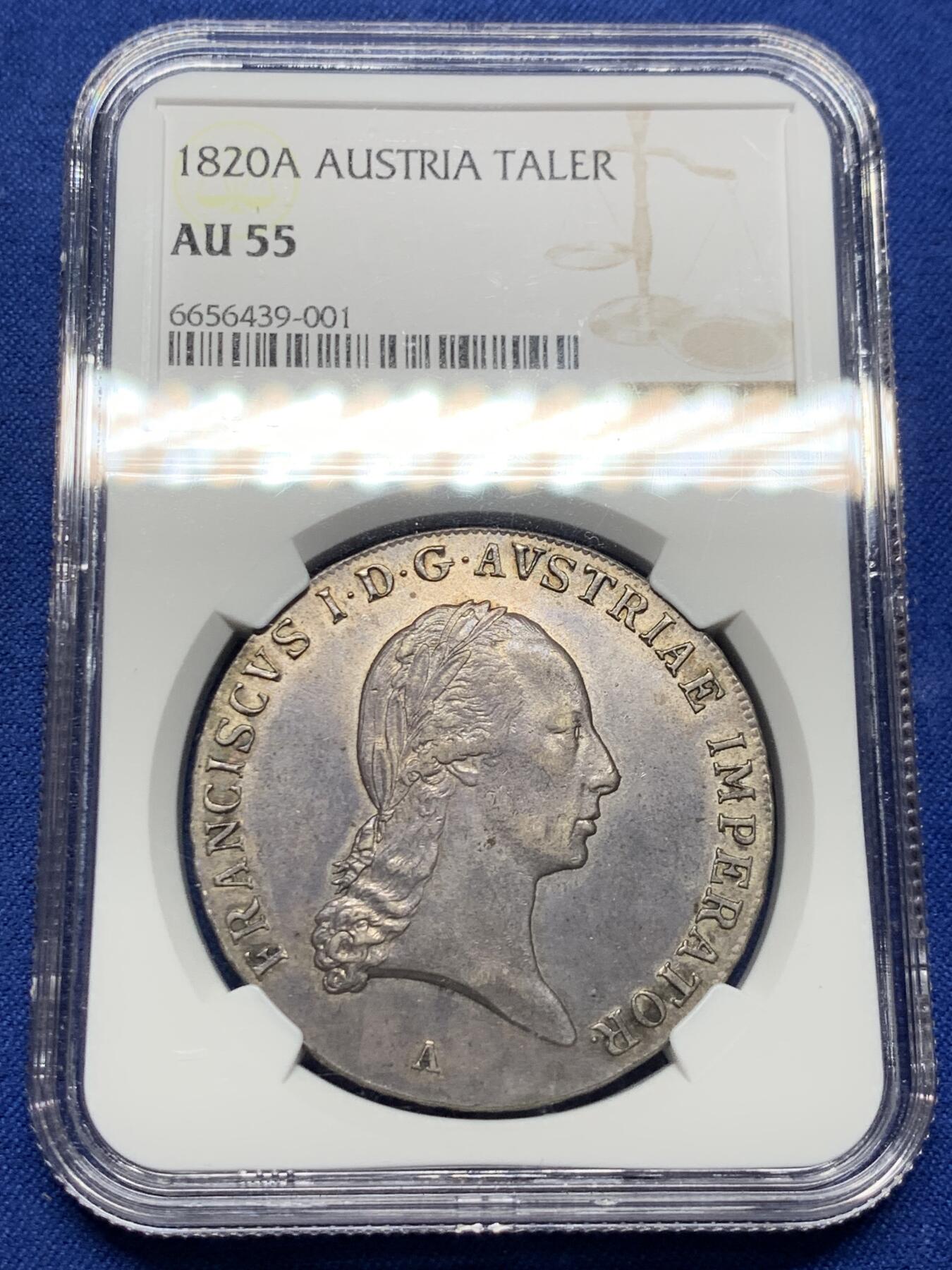 《竞宝斋》第443场 周日，周一，2场连拍 （全场包邮） NGC AU55 奥地利 1820年 奥地利的弗朗茨一世 泰勒银币 高点保存的不错 包浆更是让人难忘