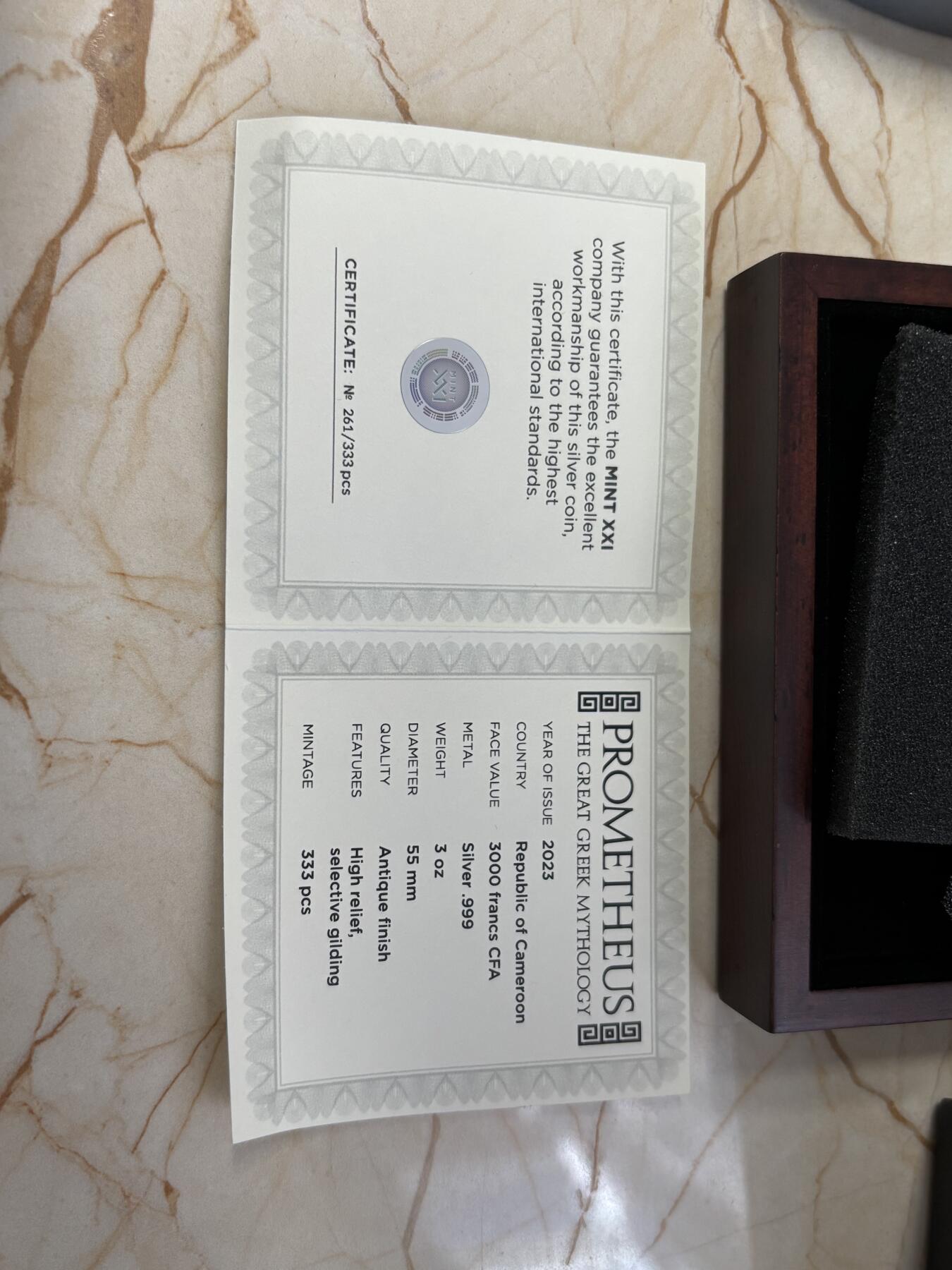 第184期拍卖 喀麦隆2023年希腊神话普罗米修斯3盎司高浮雕银币，999银镀金，发行500枚