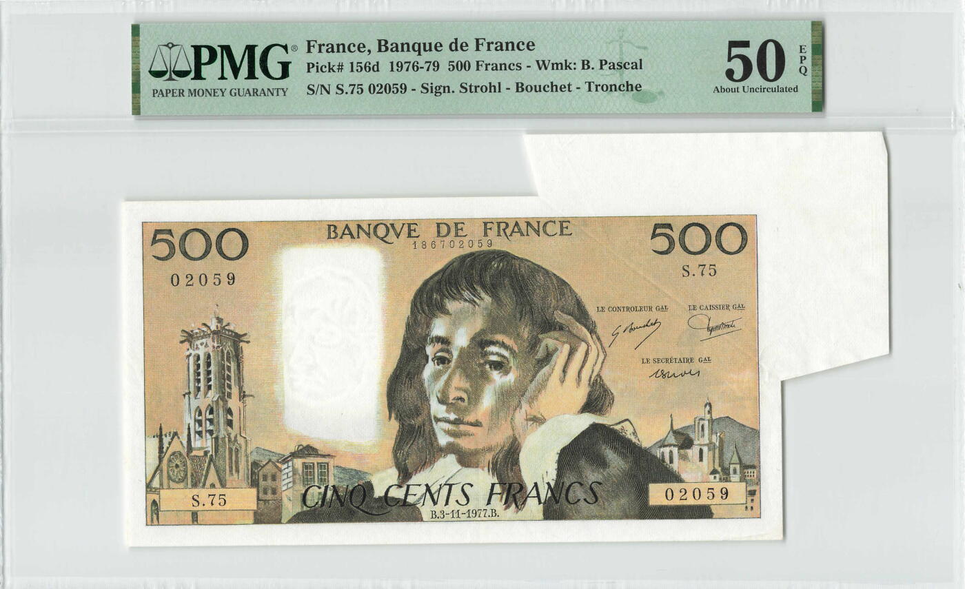 小福收藏拍卖第196期 评级币精选场 大量新增精品 本期有68分倒置号布隆迪世界最大纸币  菲律宾百位靓号100000比索超大纪念钞 巴基斯坦51年100卢比冠军分 泰国69年10铢纪念钞0A冠百位倒置号  文莱06年500吉令特首年首冠 丹麦经典大松鼠  法属印度支那 俄罗斯 玻利维亚 东加勒比 亚美尼亚等多国精美高分珍稀老钞精品纸币 法国 1977年 500法郎 错票 有PMG标注认证 无47 PMG50 EPQ