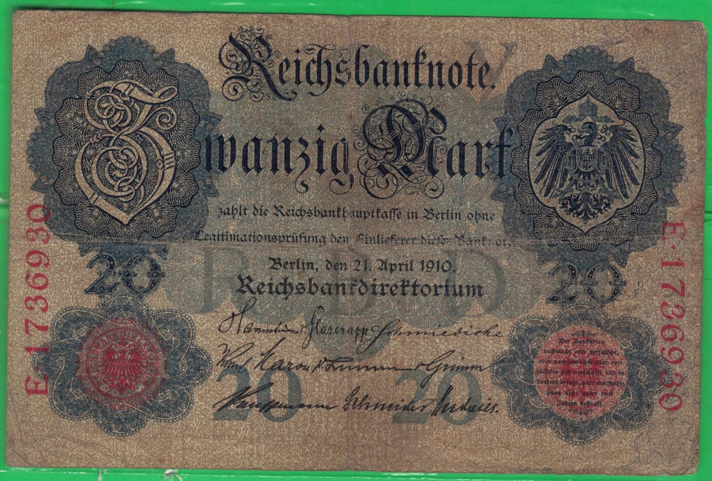 德国1910年20马克 P-40b 无水印 加盖字母Y 7位号 无4 实物图