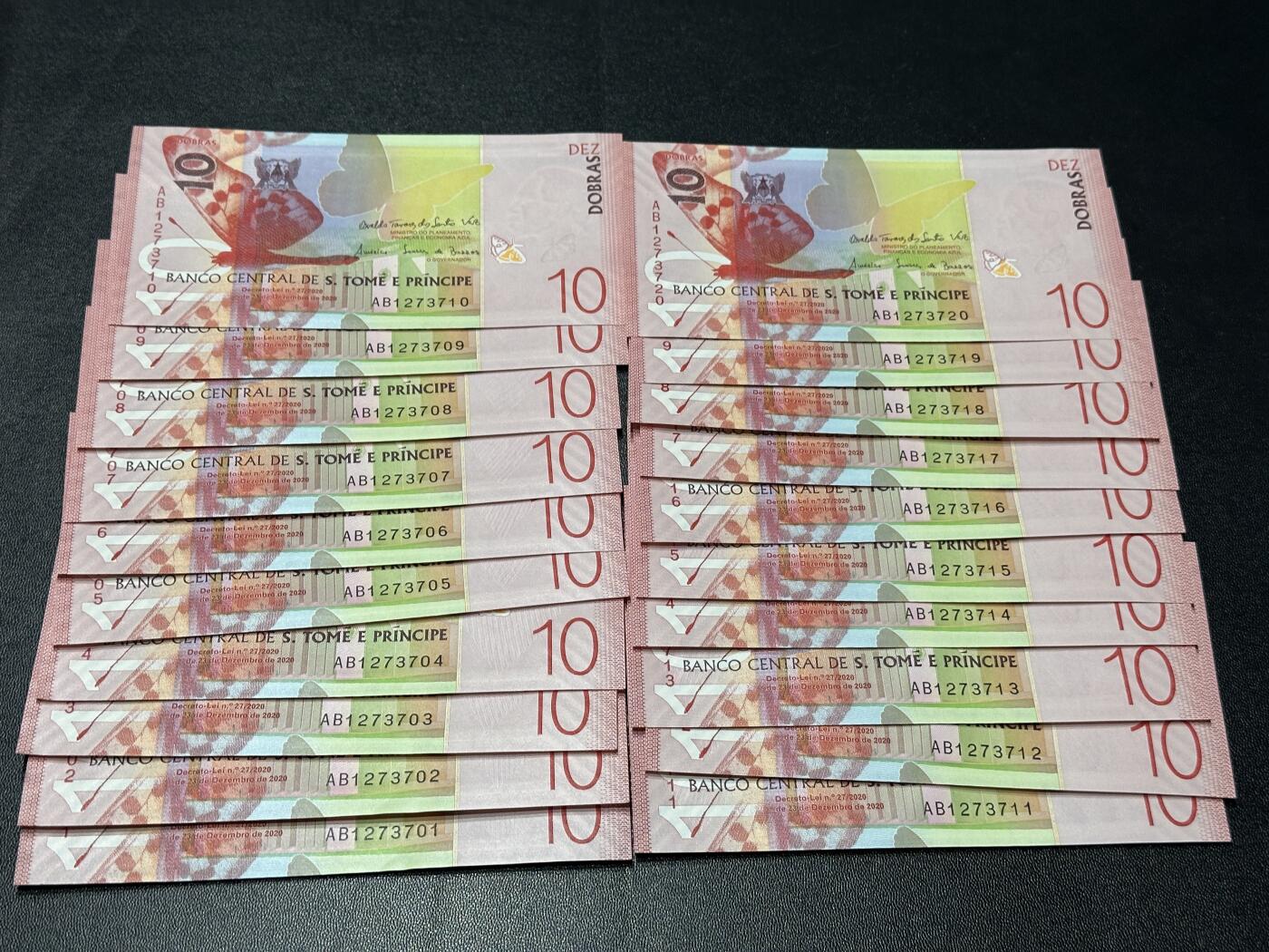 《外钞收藏家》第五百九十期（欧洲强钞、港币、硬通货及丰富裸币大拍场）（本平台长期征集拍品、欢迎藏友们联系合作） 2020年圣多美和普林西比10面额 标准20连号 全新UNC（701-720）
